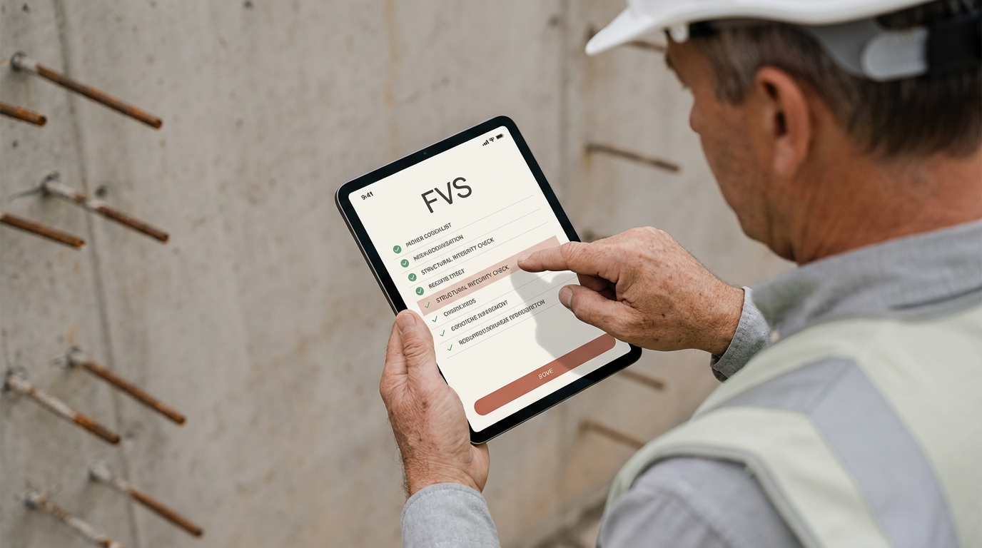 Engenheiro em canteiro de obras validando uma Ficha de Verificação de Serviço no tablet com o aplicativo VISTO