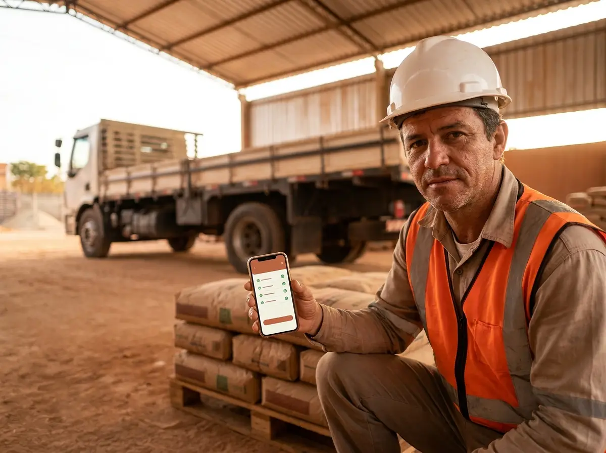 Almoxarife recebendo material controlado com o aplicativo VISTO no celular
