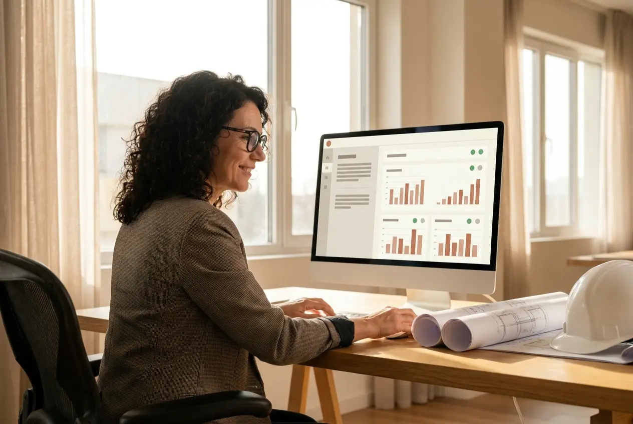 Engenheira de qualidade acompanhando o painel do VISTO no escritório